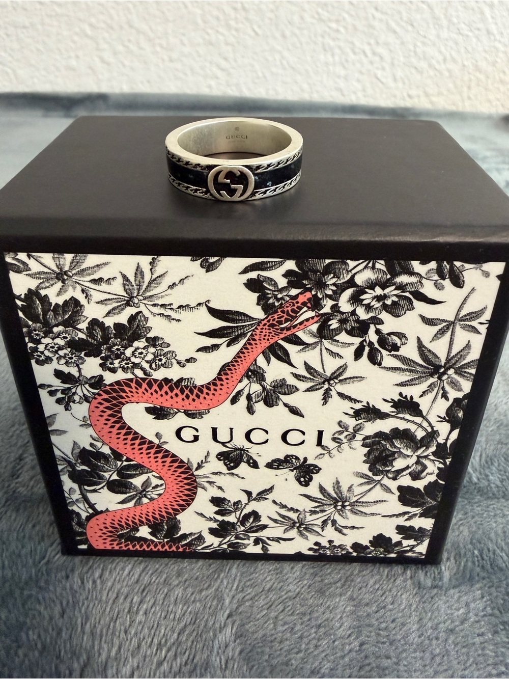 NWT Gucci Interlocking G Black Enamel Sterling 925 Silver Ring Sz 15 (US 7.25)